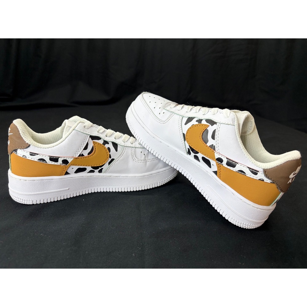 Nike Air Force 1 Low Animal Cow Print White Mustard Yellow Sneakers Womens 7.5 - Picture 11 of 16